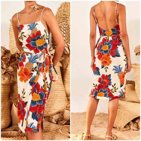 FARM RIO Dress NWT Pineapple Flowers Floral Tropical Boho Linen Blend Midi XS - Picture 3 of 16